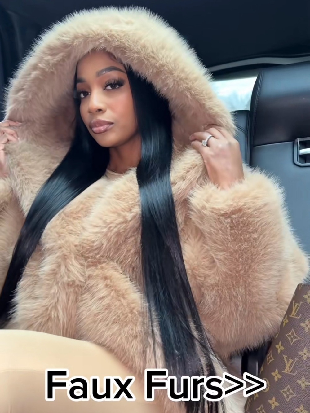 Luxury Oversized Faux Fur Hooded Coat | Plush Winter Jacket | Camel Beige - M - Picture 6 of 13